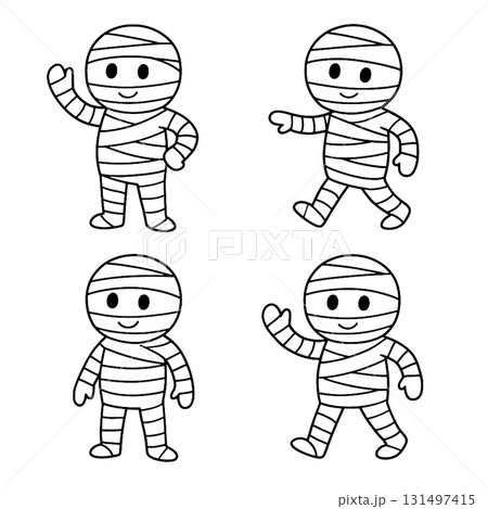 Cute mummy cartoon, black and white, happy, simple line art, four poses, Halloween theme 131497415