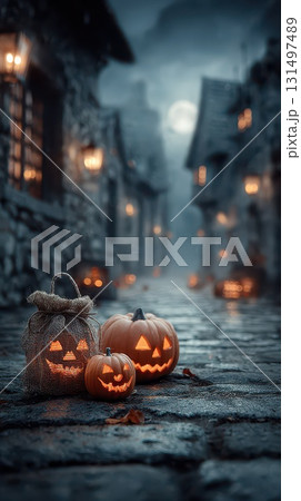 Spooky Halloween decorations in a village street 131497489
