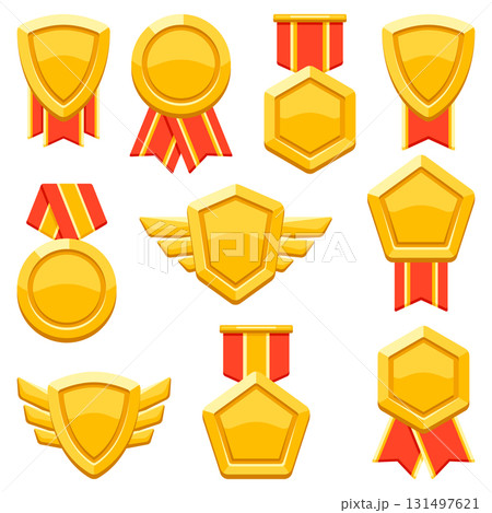 Set of gold medals with ribbon. Game award for the winners. Illustration of prize for sports competitions. Set of gold medals with ribbon. Game award for the winners. Illustration of prize for sports competitions. 131497621