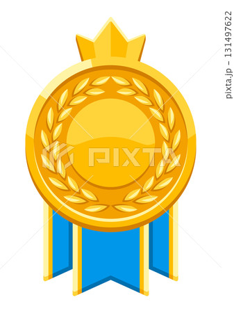Gold medal with laurel leaves. Game award for the winners. Illustration of prize for sports competitions. Gold medal with laurel leaves. Game award for the winners. Illustration of prize for sports competitions. 131497622