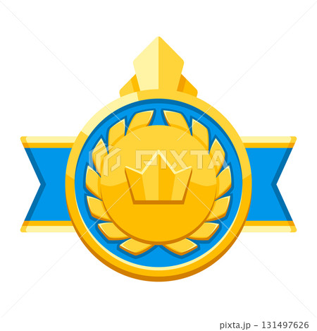 Gold medal with ribbon and laurel leaves . Game award for the winners. Illustration of prize for sports competitions. Gold medal with ribbon and laurel leaves . Game award for the winners. Illustration of prize for sports competitions. 131497626