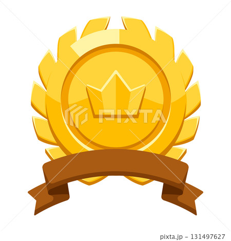 Gold medal with ribbon and laurel leaves . Game award for the winners. Illustration of prize for sports competitions. Gold medal with ribbon and laurel leaves . Game award for the winners. Illustration of prize for sports competitions. 131497627
