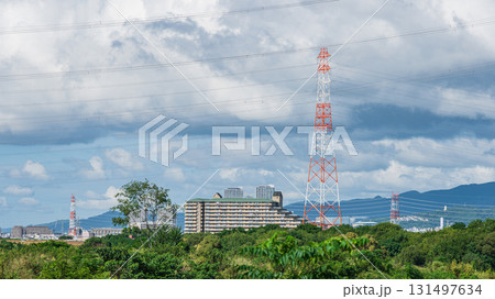 淀川の河川敷に立つ送電線鉄塔 大阪府高槻市 淀川の河川敷に立つ送電線鉄塔 大阪府高槻市 131497634