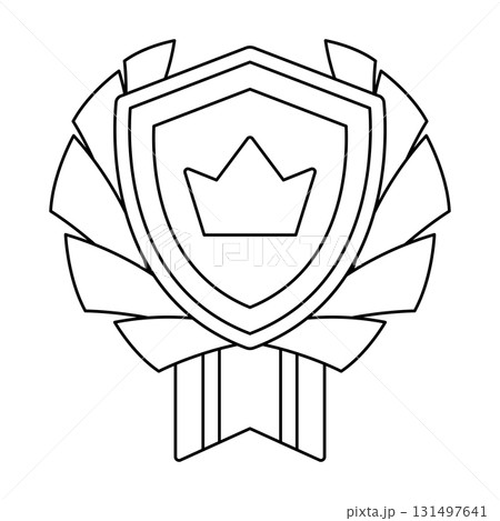Gold shield with ribbon and crown. Game award for the winners. Illustration of prize for sports competitions. Gold shield with ribbon and crown. Game award for the winners. Illustration of prize for sports competitions. 131497641