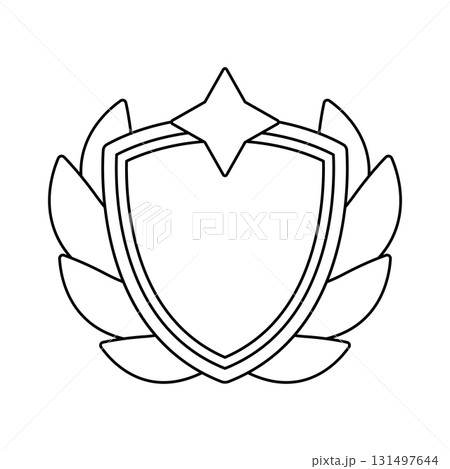 Gold shield with ribbon and star. Game award for the winners. Illustration of prize for sports competitions. 131497644