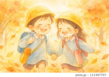 秋の遠足で手をつなぐ笑顔の子供たち　水彩イラスト 131497707