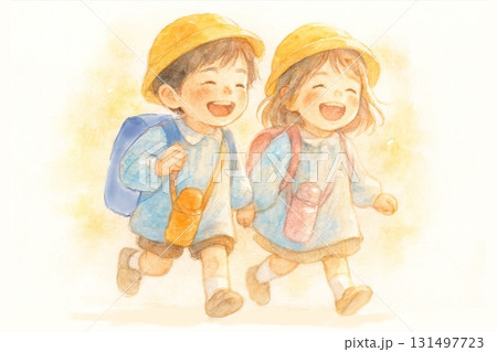 秋の遠足で仲良く歩く男の子と女の子 水彩イラスト 秋の遠足で仲良く歩く男の子と女の子 水彩イラスト 131497723