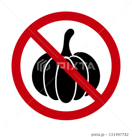 No Pumpkin Prohibition Sign Vector Illustration. A black pumpkin silhouette inside a red circle and diagonal line, symbolizing No pumpkins or pumpkin restriction. 131497782
