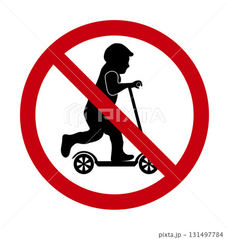 No Scooter Riding Prohibition Sign with Child Silhouette Vector Illustration. A prohibition sign showing a child riding a kick scooter, crossed out with a bold red circle and diagonal line. 131497784