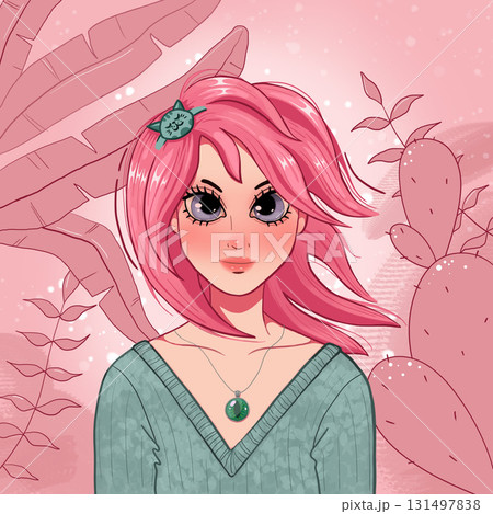 A beautiful girl in a green sweater and pink hair among plants. Pink background A beautiful girl in a green sweater and pink hair among plants. Pink background 131497838