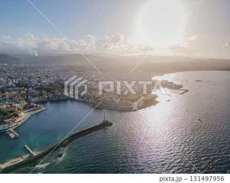 Venetian harbour in Chania from drone in clear sunny winter weather. Venetian harbour in Chania from drone in clear sunny winter weather. 131497956