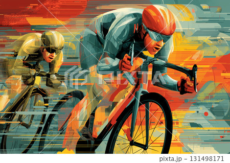 Intense cyclists race through vibrant backdrop in a competitive challenge 131498171