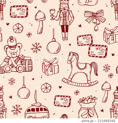 Vintage Christmas whimsical seamless pattern in red color. Line art hand drawn coquette illustrations. Vintage Christmas whimsical seamless pattern in red color. Line art hand drawn coquette illustrations. 131498248