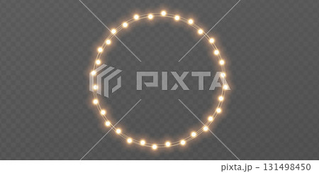Christmas gold light circle frame. Fairy bulb banner. New Year luxury string garland. Winter party background. Led neon baubles. Festive border. Glow lamp bg. Glitter bright lamp. Vector illustration 131498450