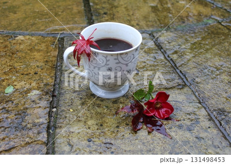 A cup of coffee outside on an autumn day  131498453