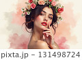 Woman wearing flower wreath on her head on a pastel background. Scene is soft, gentle and feminine 131498724