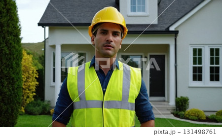 Man in yellow helmet standing in front of the house. He's wearing uniform and he's construction 131498761