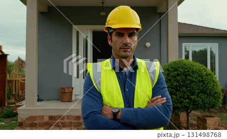 Man in yellow helmet standing in front of the house. He's wearing uniform and he's construction 131498768
