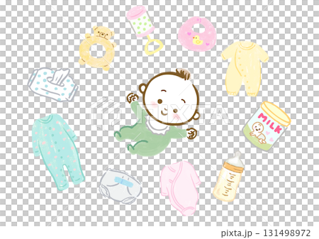 Hand-drawn illustration set of babies and baby goods 131498972