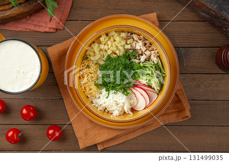 Portion of cold summer russian soup okroshka Portion of cold summer russian soup okroshka 131499035