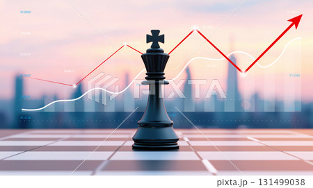 chess or chess piece concept. Strategic chess king with rising graph and cityscape background at sunset symbolizes success chess or chess piece concept. Strategic chess king with rising graph and cityscape background at sunset symbolizes success 131499038