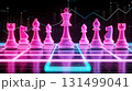 chess or chess piece concept. Futuristic pink chess pieces on holographic board with data chart background glowing brightly 131499041