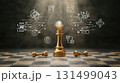 chess or chess piece concept. Golden king chess piece with AI and cybersecurity icons symbolizing strategic digital victory 131499043