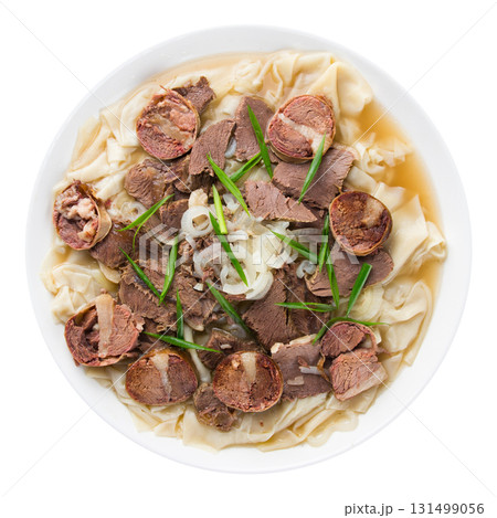 Traditional Kazakh beshbarmak with horse sausage Traditional Kazakh beshbarmak with horse sausage 131499056