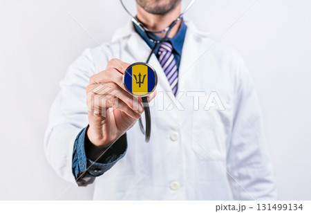 Barbados healthcare system, doctor holding stethoscope. Barbados health and medical insurance concept 131499134