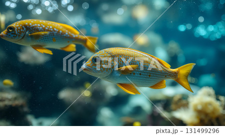 Tropical fish gracefully swim in clear water, showcasing vibrant colors and lively movements in a beautiful underwater world 131499296