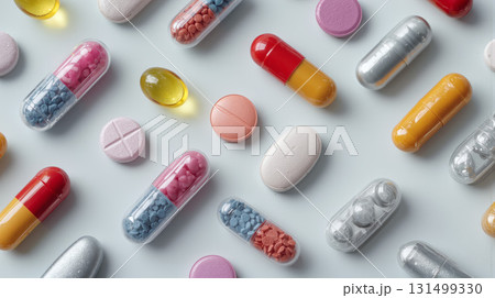 Flat lay display of various pills and capsules on a white table highlighting diverse shapes and colors 131499330