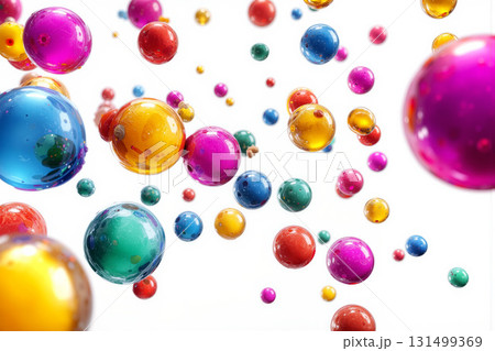 Colorful spheres floating gracefully against a bright white background create a cheerful and vibrant atmosphere in this lively composition Colorful spheres floating gracefully against a bright white background create a cheerful and vibrant atmosphere in this lively composition 131499369