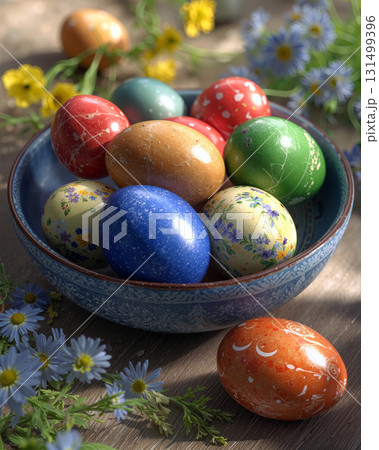 Colorful Easter eggs displayed in a ceramic bowl surrounded by blooms during spring festivities 131499396
