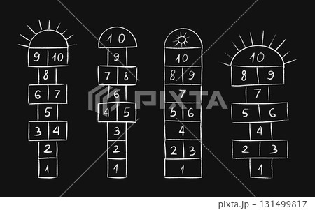 Hopscotch game with hop and scotch chalk drawings on black background for playground activities and childhood fun. Grid patterns with numbered squares and sun symbols for outdoor recreation. Hopscotch game with hop and scotch chalk drawings on black background for playground activities and childhood fun. Grid patterns with numbered squares and sun symbols for outdoor recreation. 131499817
