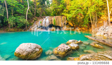 Panorama of beautiful waterfall in wild rainforest in Erawan National park, Thailand 131499888