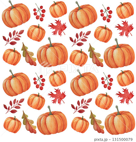 Watercolor seamless pattern of orange pumpkins and vibrant fallen leaves on a white background. Suitable for textile design, gift wrapping paper, cards, invitations, and food packaging. Watercolor seamless pattern of orange pumpkins and vibrant fallen leaves on a white background. Suitable for textile design, gift wrapping paper, cards, invitations, and food packaging. 131500079
