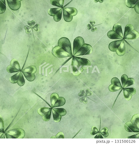 Seamless pattern with clover leaves on a green watercolor background. Hand-drawn watercolor illustration. For backgrounds, textiles, wrapping paper, packaging, holiday decor, and more. Seamless pattern with clover leaves on a green watercolor background. Hand-drawn watercolor illustration. For backgrounds, textiles, wrapping paper, packaging, holiday decor, and more. 131500126