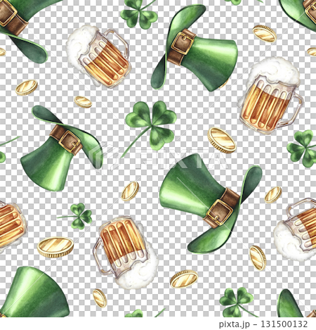 Seamless pattern with green leprechaun hats, clovers, coins, and beer. Hand-drawn watercolor illustration. For St. Patrick's Day. For textiles, wrapping paper, packaging, holiday decor, and more. 131500132