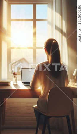 【希望・コピースペース最適】朝日の差し込む窓辺でPCに向かう女性の後ろ姿（リフレッシュ） 131500190