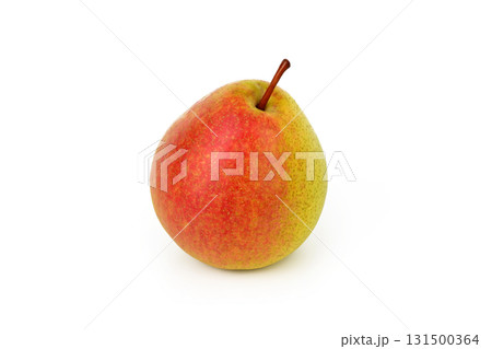 A red and green apple sits on a white background 131500364