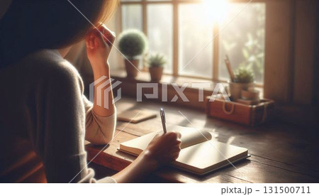 思索・自己成長】窓から光が差し込む机でノートに向かう女性の後ろ姿（縦長） 131500711