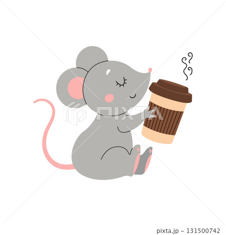 Cute cartoon mouse drinking coffee. Isolated background. Vector flat illustration Cute cartoon mouse drinking coffee. Isolated background. Vector flat illustration 131500742