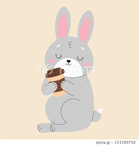 Cute cartoon rabbit drinking coffee. Isolated background. Vector flat illustration 131500750
