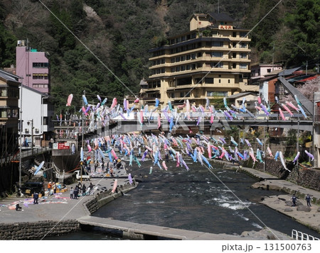 橋を渡るこいのぼり ― 杖立温泉、川辺の人々と町の祝祭 131500763