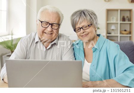Cheerful elderly retired couple using laptop for watching movies, online shopping and video calling. Cheerful elderly retired couple using laptop for watching movies, online shopping and video calling. 131501251