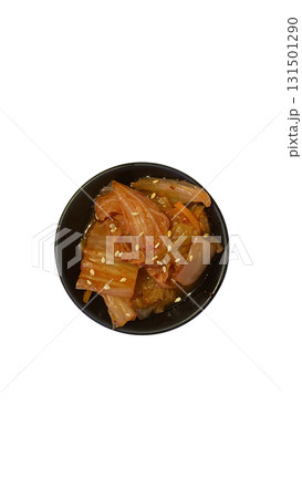 Authentic Korean kimchi made from napa cabbage, seasoned with chili paste, garlic, and sesame seeds. 131501290