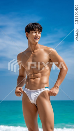 Fit Asian man in  swim shorts standing on a tropical beach with a clear blue sky 131501409