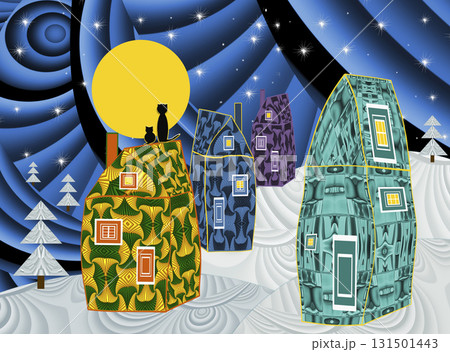 Night fairy country houses. Lovely winter greeting card with cats sitting on the top of the roof watching moon and stars. Merry Christmas. 131501443