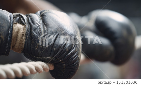 Close-Up Of Worn Black Boxing Gloves Resting On A Rope. Symbol Of Strength And Resilience In Sports 131501630