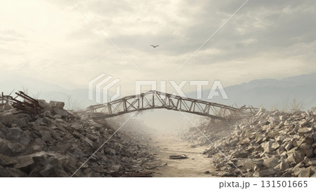 Collapsed Bridge Over Rubble In Desolate Landscape. Symbol Of Destruction And Abandonment Collapsed Bridge Over Rubble In Desolate Landscape. Symbol Of Destruction And Abandonment 131501665